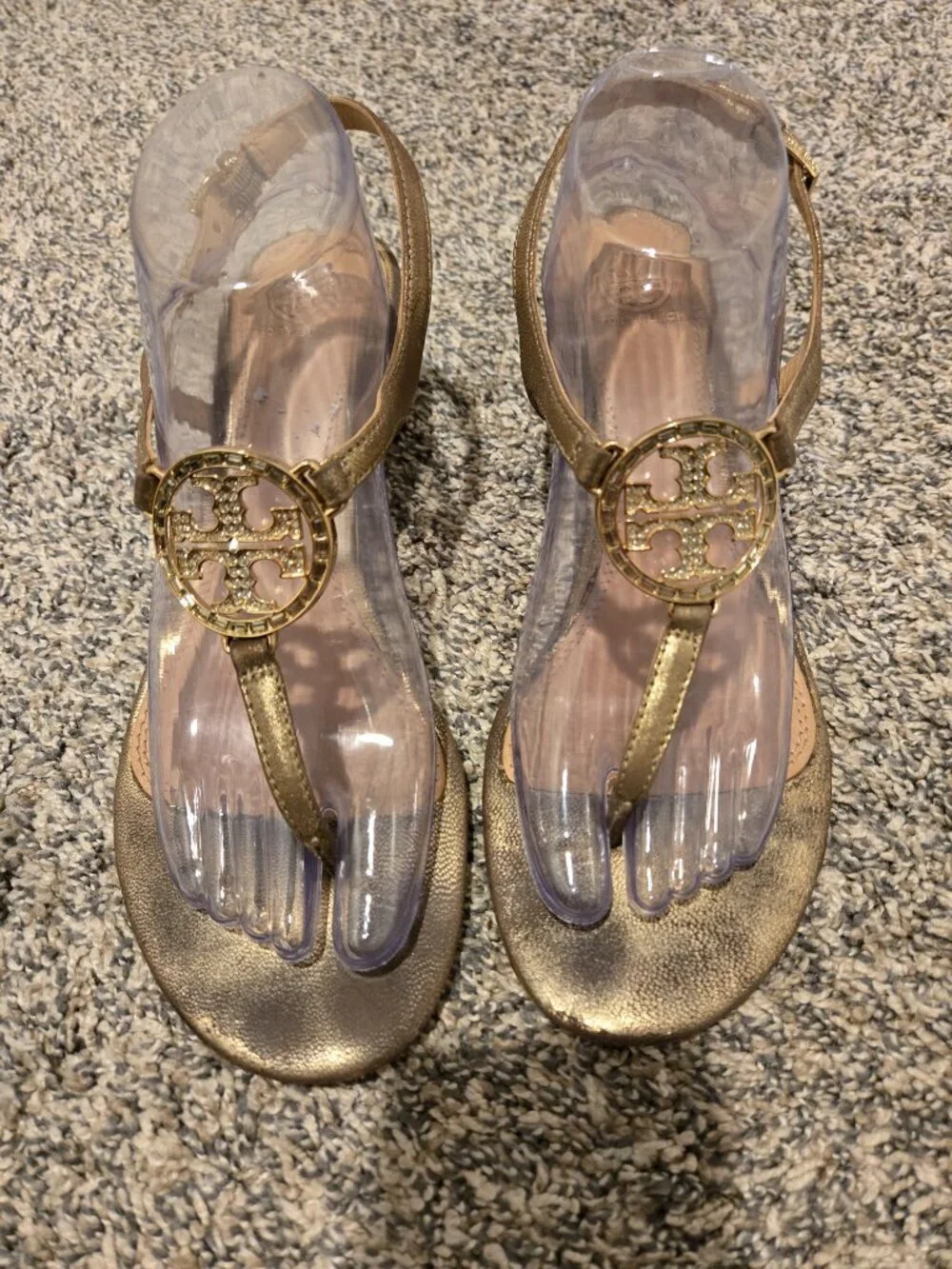 Tory Burch Satin Crystal Embellished Block Heel Sandals Gold 10M